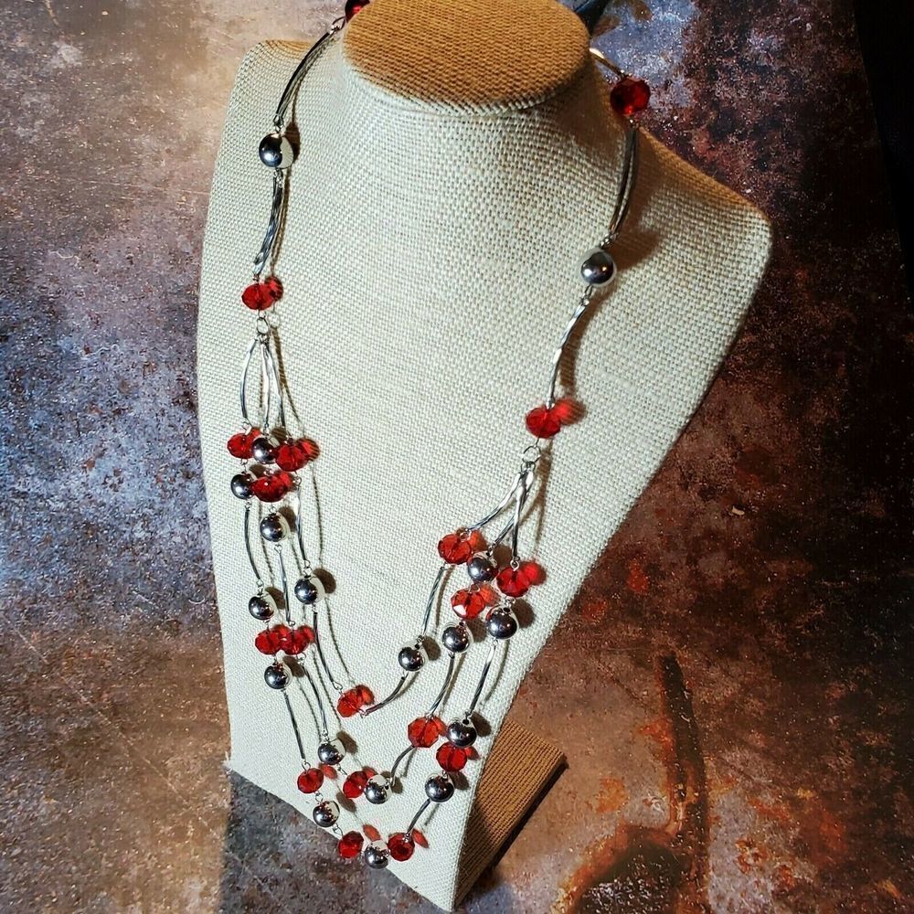 Handcrafted Art Deco Red Silver Draped Multistrand Glass Metal Beads Necklace - Picture 2 of 8